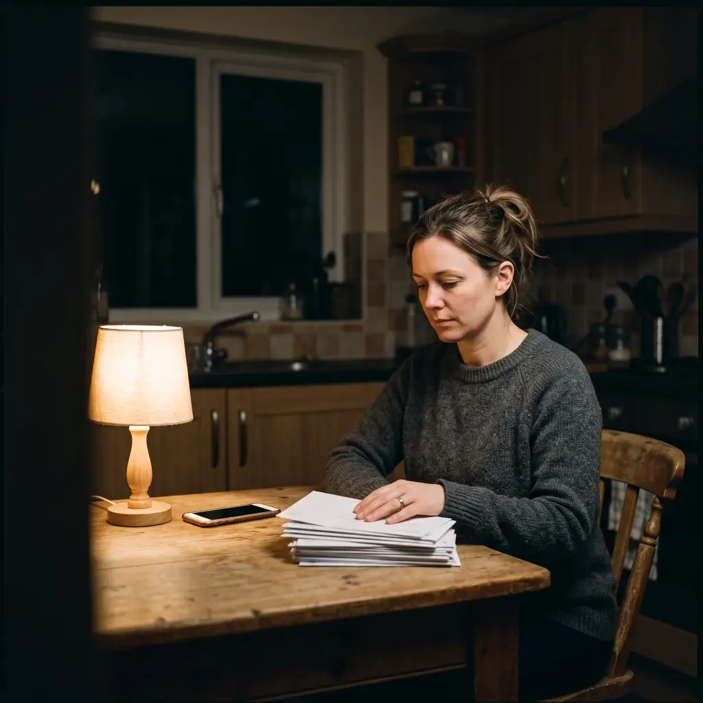Woman sitting alone at a kitchen table at night looking at a stack of unopened mail