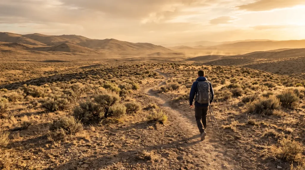 A lone hiker in a navy jacket walking across a desert trail at golden hour
