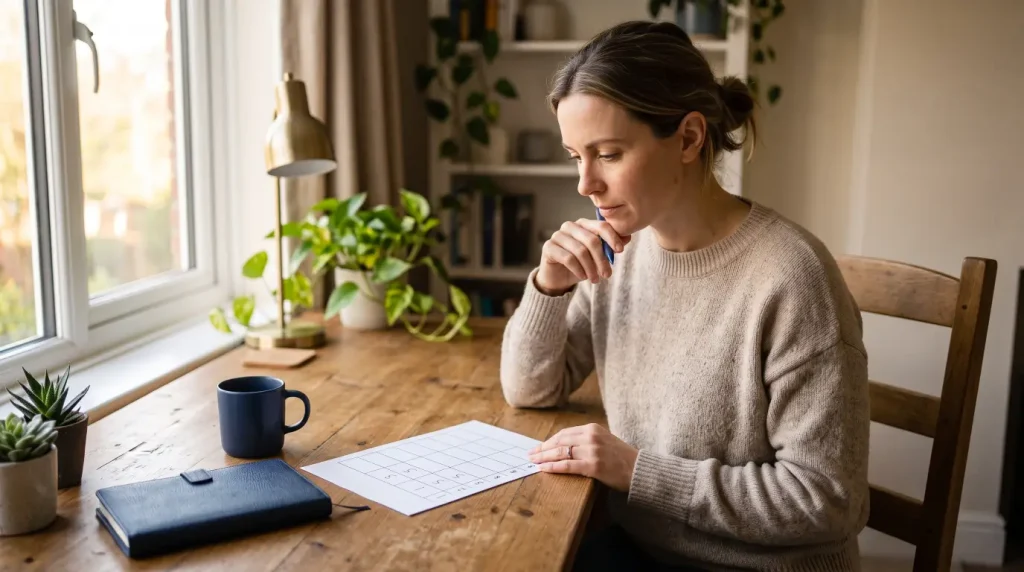 Bryan Halverson's 5 Aspects of Financial Wellness Assessment worksheet on a desk, a mid-year financial diagnostic for families.