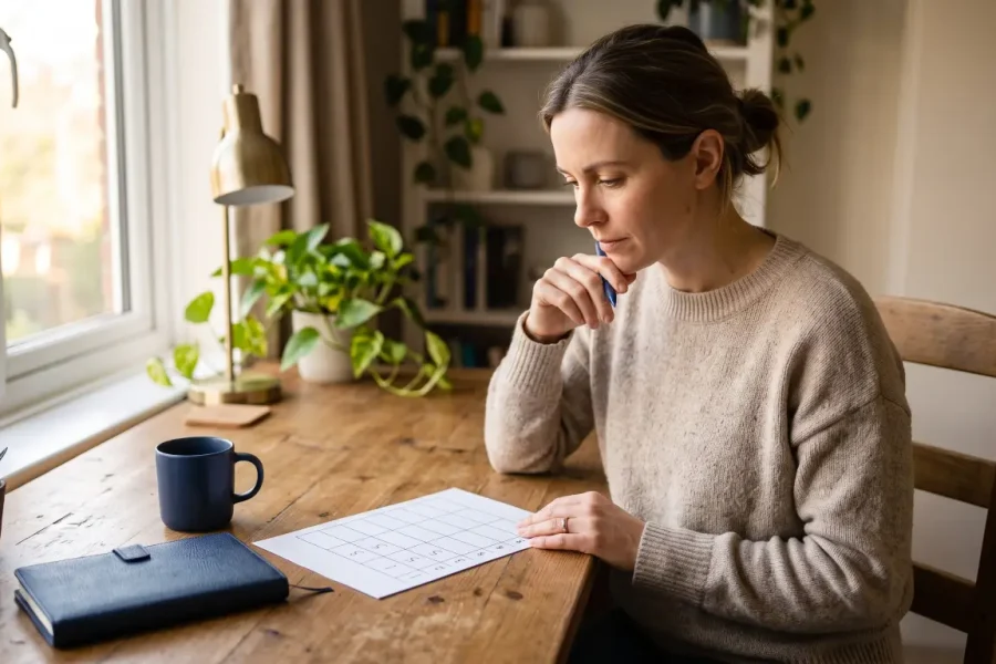 Bryan Halverson's 5 Aspects of Financial Wellness Assessment worksheet on a desk, a mid-year financial diagnostic for families.