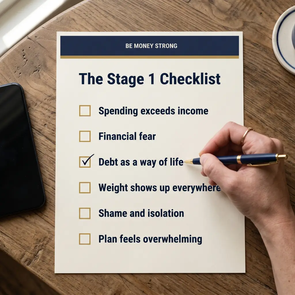 Overhead view of a hand checking off items on the printed Stage 1 Checklist document