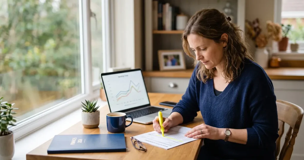 Person reviewing a printed bank statement at a bright home desk while tracking net worth