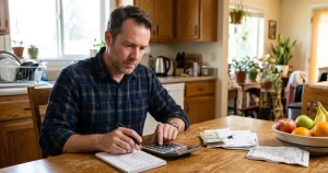 Man calculating his essential monthly expenses at the kitchen table during a financial crisis