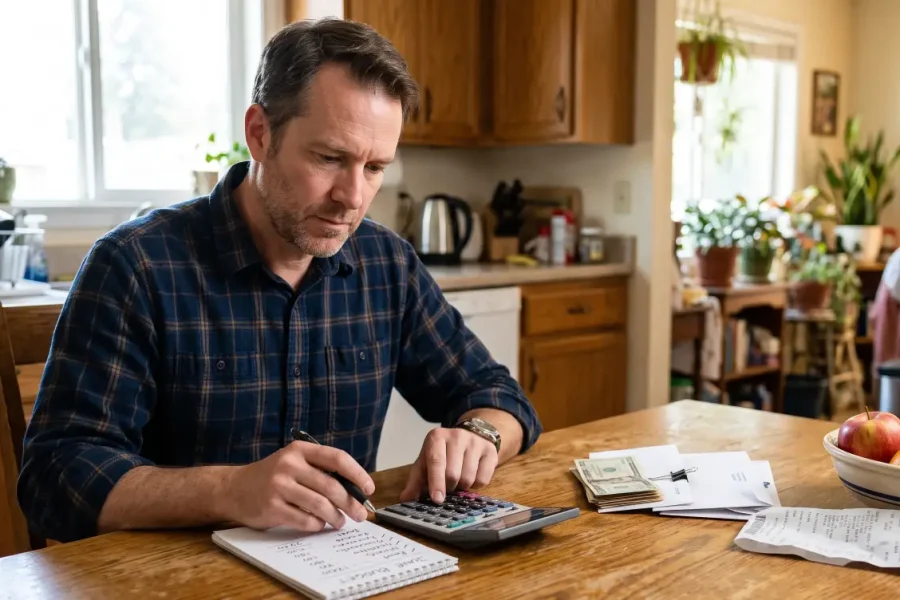 Man calculating his essential monthly expenses at the kitchen table during a financial crisis