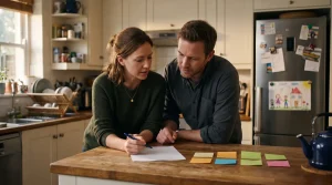 Couple at a kitchen island reviewing one page beside five sticky notes representing competing financial goals