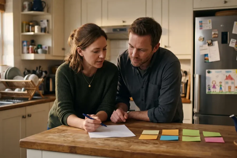 Couple at a kitchen island reviewing one page beside five sticky notes representing competing financial goals