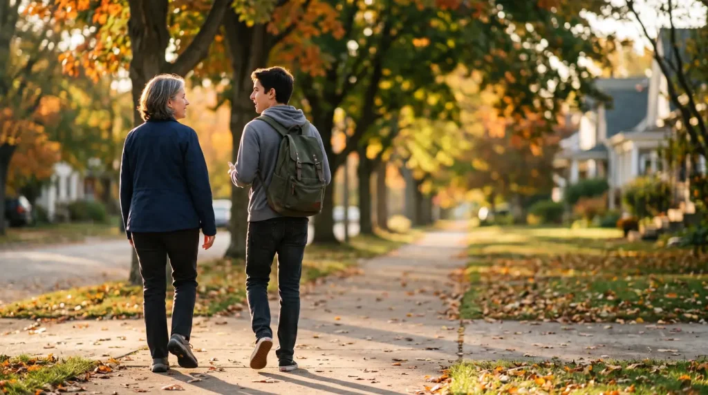 Parent and college-age child walking together down a tree-lined sidewalk in autumn golden light