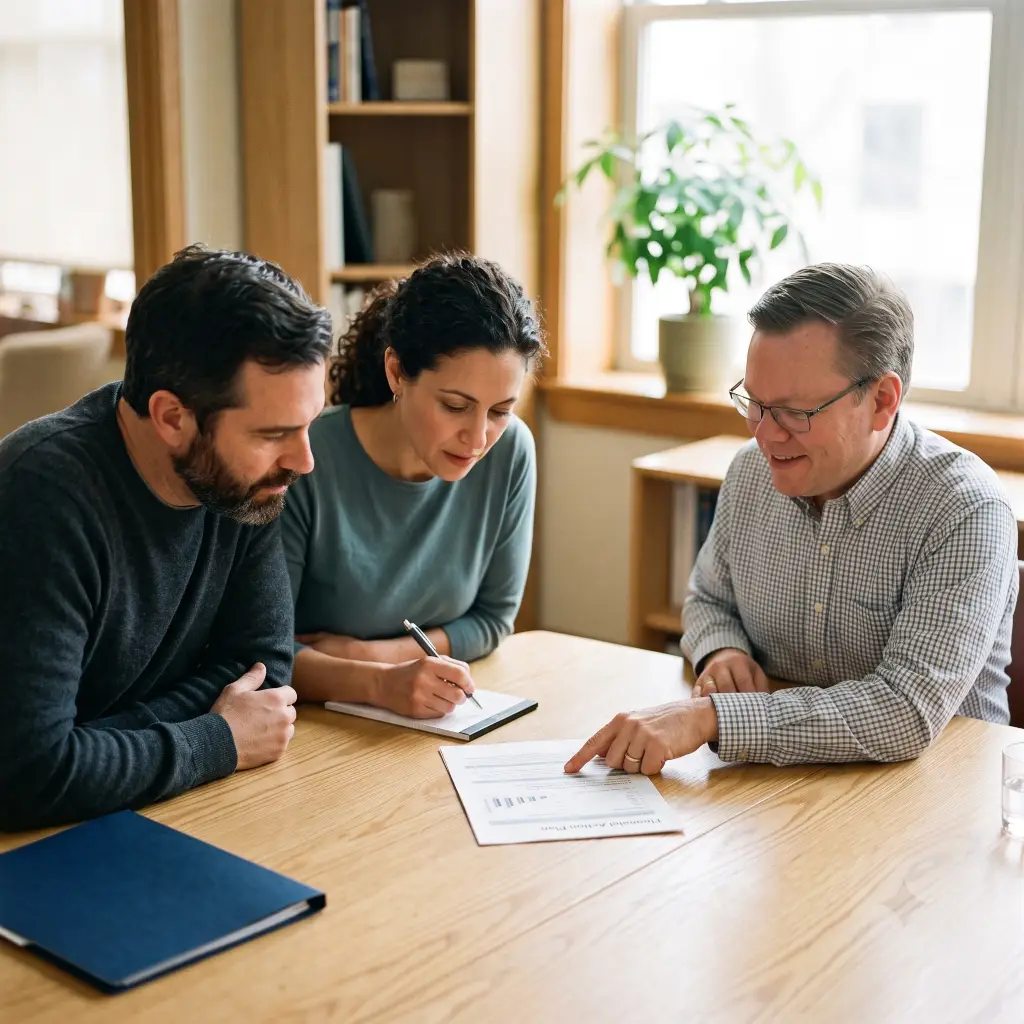 Financial coach pointing at a one-page plan on a table while a couple leans in to follow along