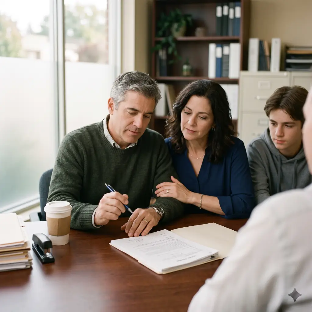 Parents at a lender's desk with a pen poised over a student loan signature line, their son beside them