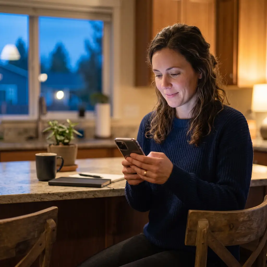 A woman taking the Financial Health Assessment quietly on her own at home