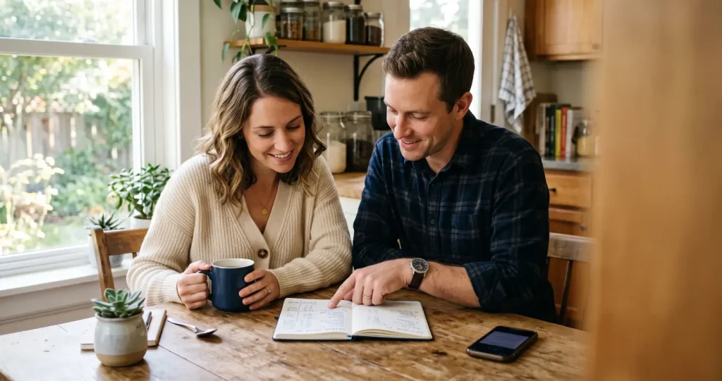 Couple reviewing their weekly budget together at the kitchen table with coffee and a notebook