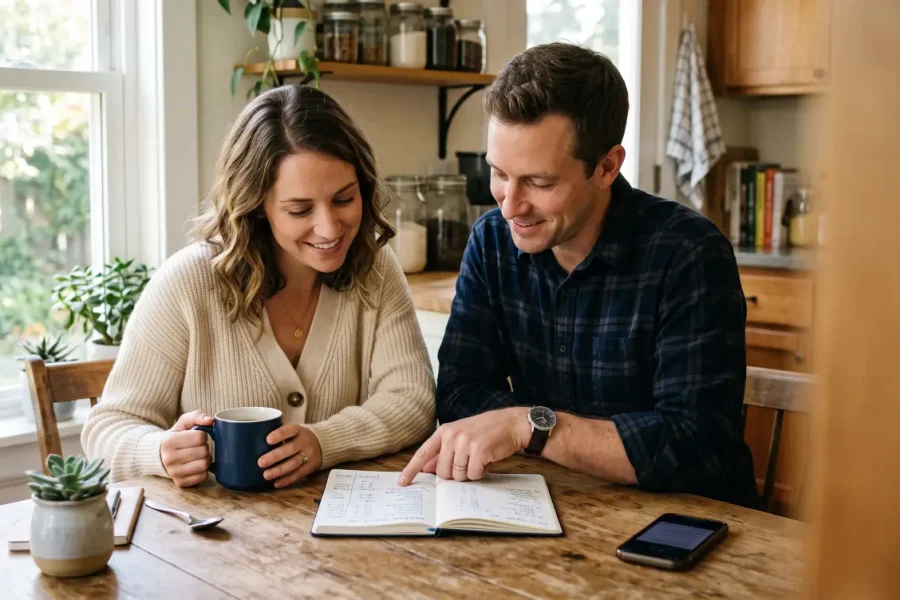 Couple reviewing their weekly budget together at the kitchen table with coffee and a notebook