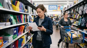 Woman in a school-supply aisle checking a paper list against her phone as another cart passes