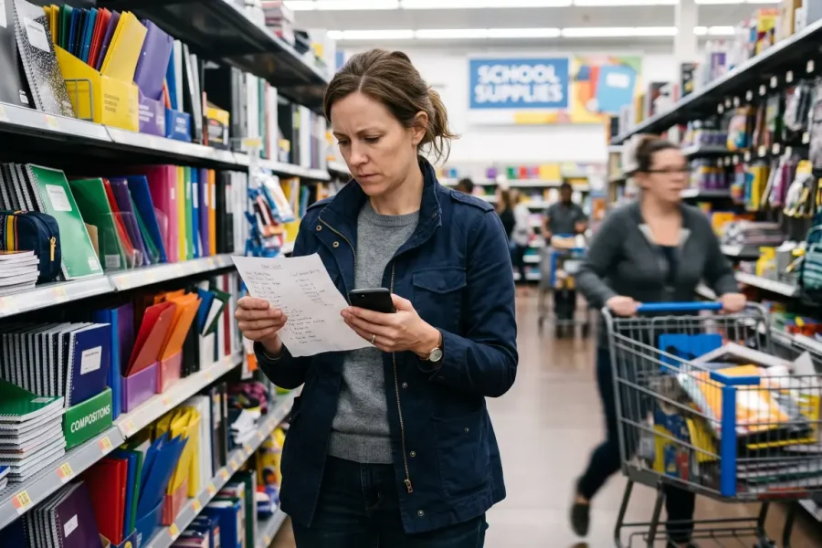 Woman in a school-supply aisle checking a paper list against her phone as another cart passes