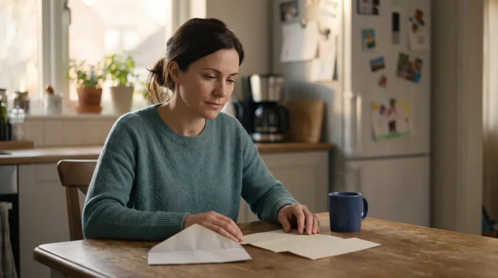 Woman at a kitchen table with an opened envelope and unfolded letter, settled expression