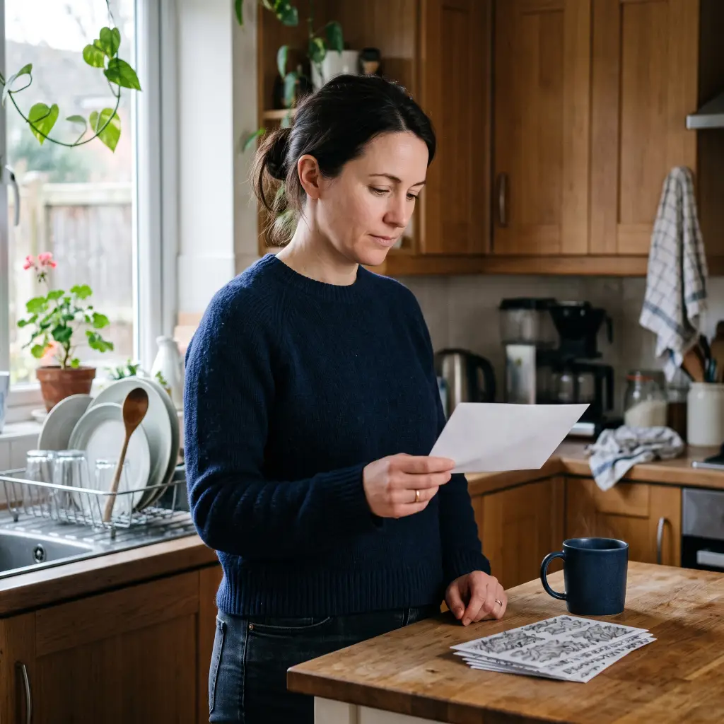 Woman at a kitchen counter holding an unopened envelope without opening it, morning light