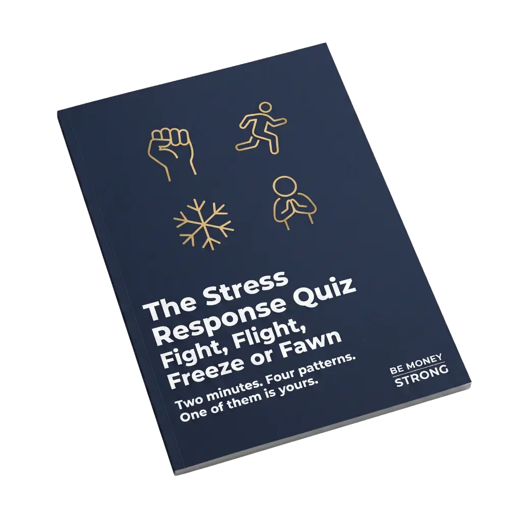 Navy quiz cover mockup with four gold icons for fight, flight, freeze and fawn