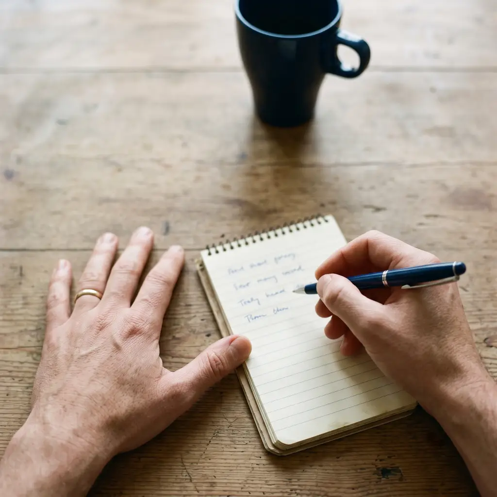 Overhead view of hands and a pen above a notebook with four short handwritten lines