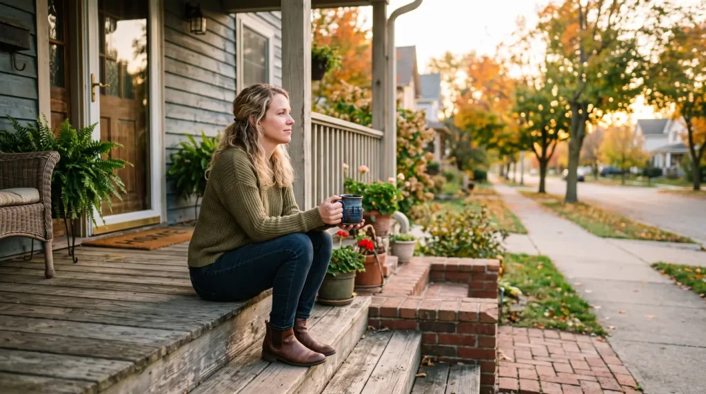 Person sitting on a front porch step in morning light holding a coffee mug