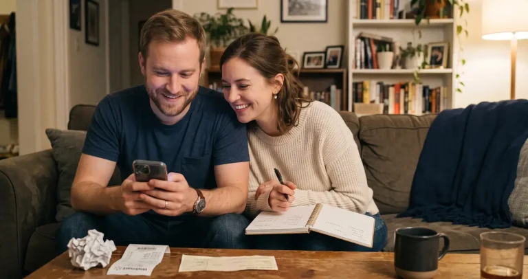 Couple on a couch reviewing a receipt and banking app while listing spending categories in a notebook