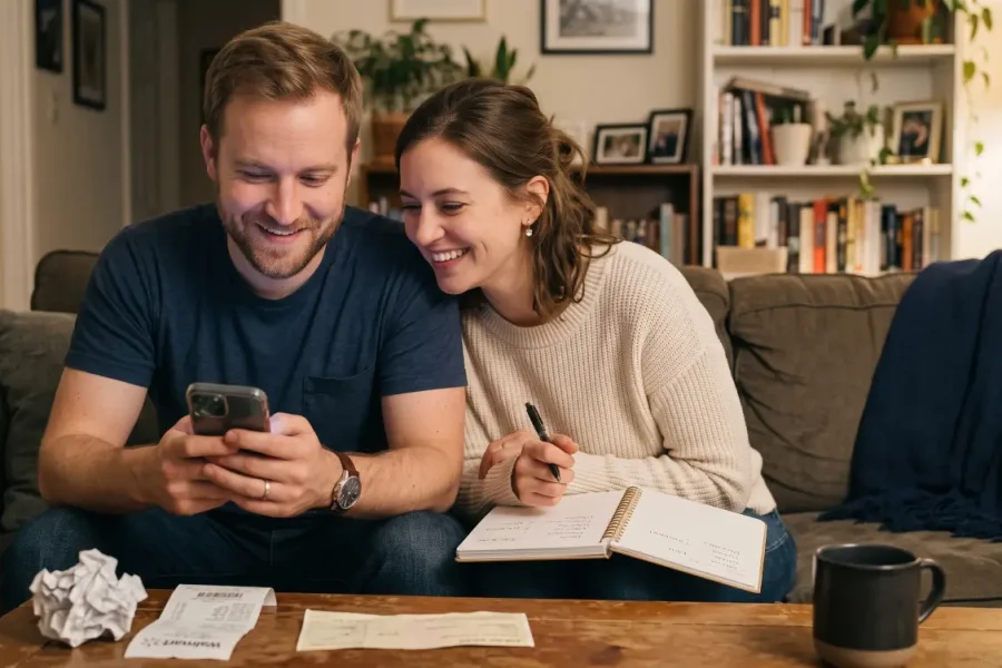 Couple on a couch reviewing a receipt and banking app while listing spending categories in a notebook