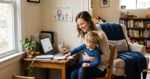 Mother at a home desk opening a college savings account while her young son sits on her lap