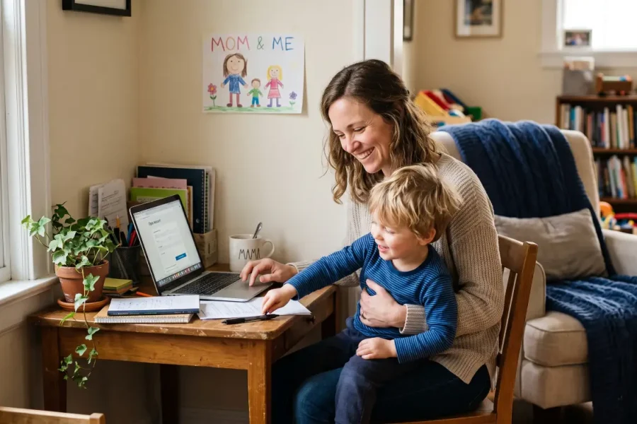 Mother at a home desk opening a college savings account while her young son sits on her lap
