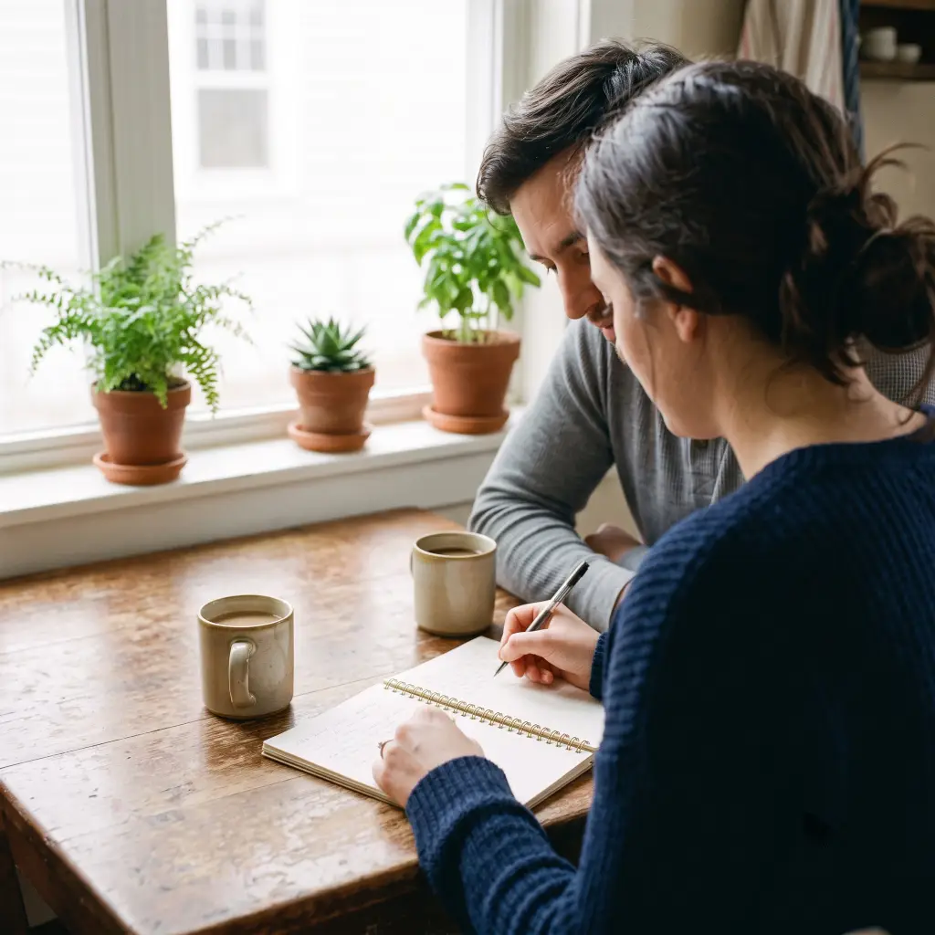 Couple sitting close at a kitchen table on Sunday morning writing in a shared notebook