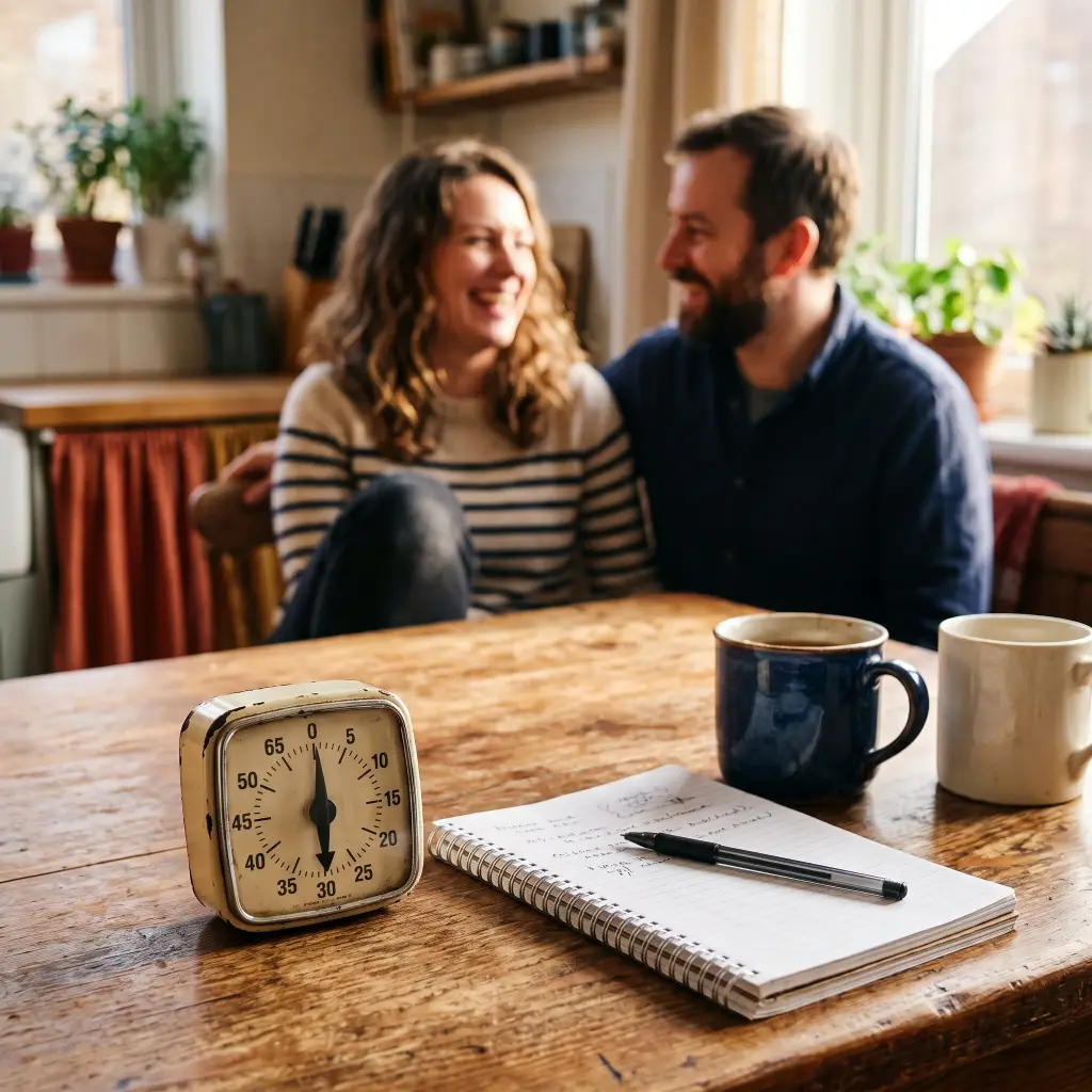 Wind-up kitchen timer set to thirty minutes beside a notebook, with a couple laughing behind