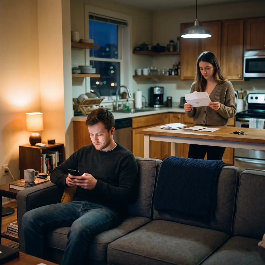 Partner on a couch looking at a phone while the other reads a bill alone in the kitchen