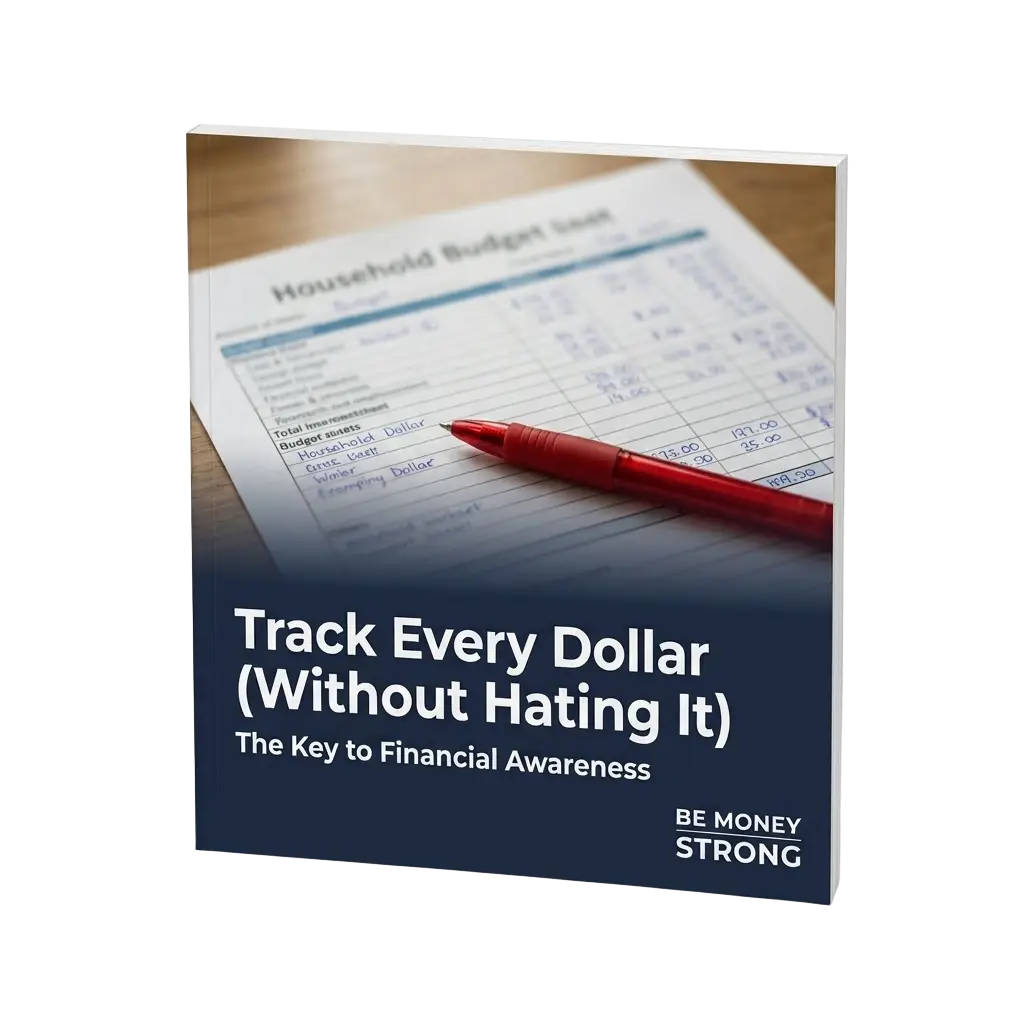 Expense Tracking Starter Guide cover with a navy title block, shown as a tilted document