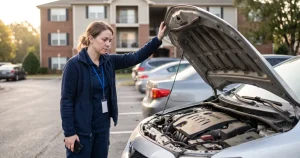 Woman in a navy fleece beside her car with the hood raised, facing an unexpected repair