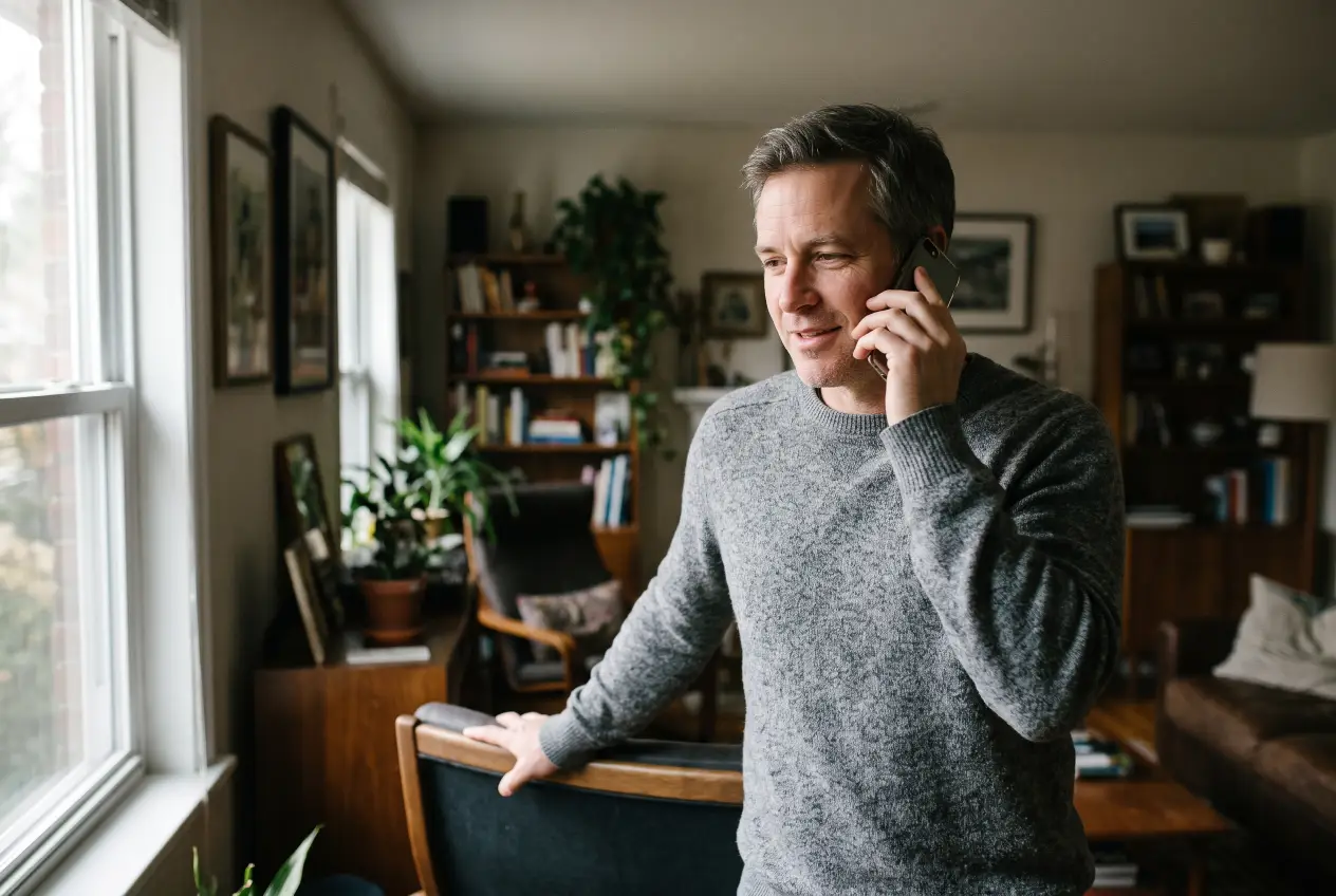 Man on a phone call at home, talking through his finances