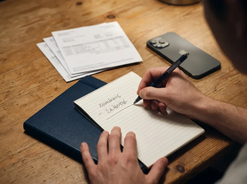 Hands writing two numbers on a notepad and drawing a line underneath to subtract them