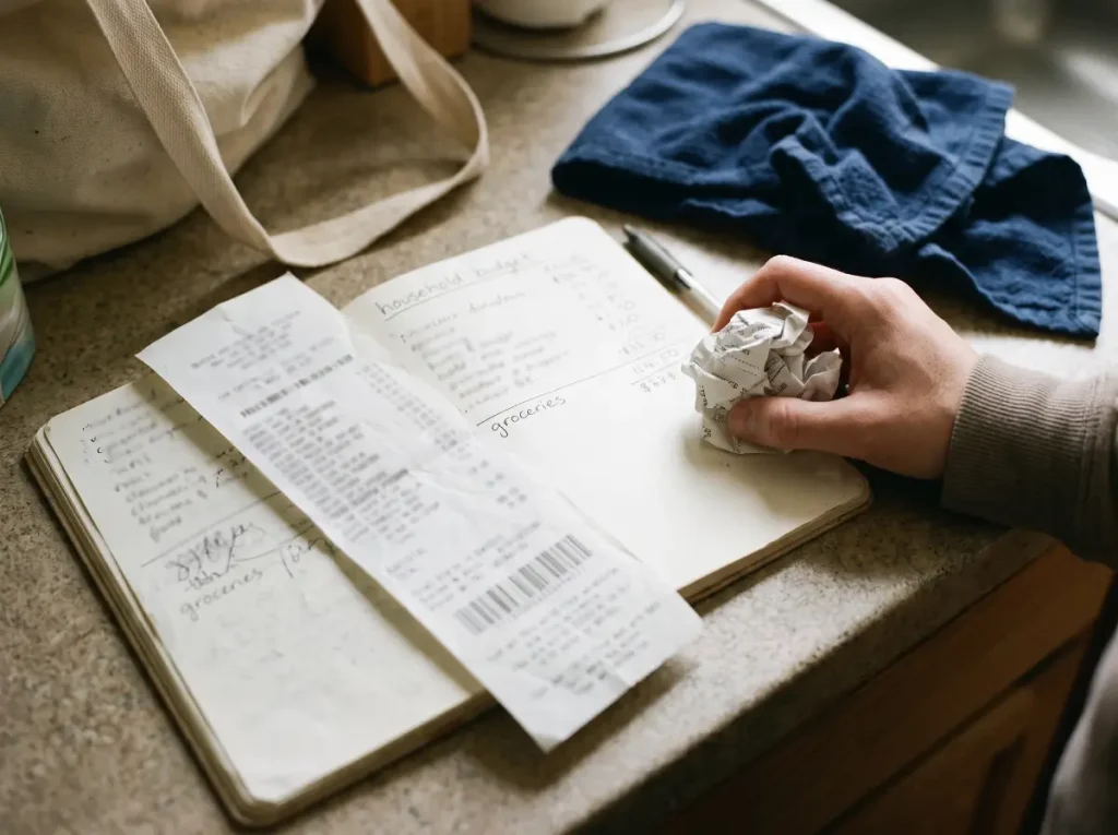Grocery receipt lying on a handwritten budget page beside a hand holding a crumpled receipt